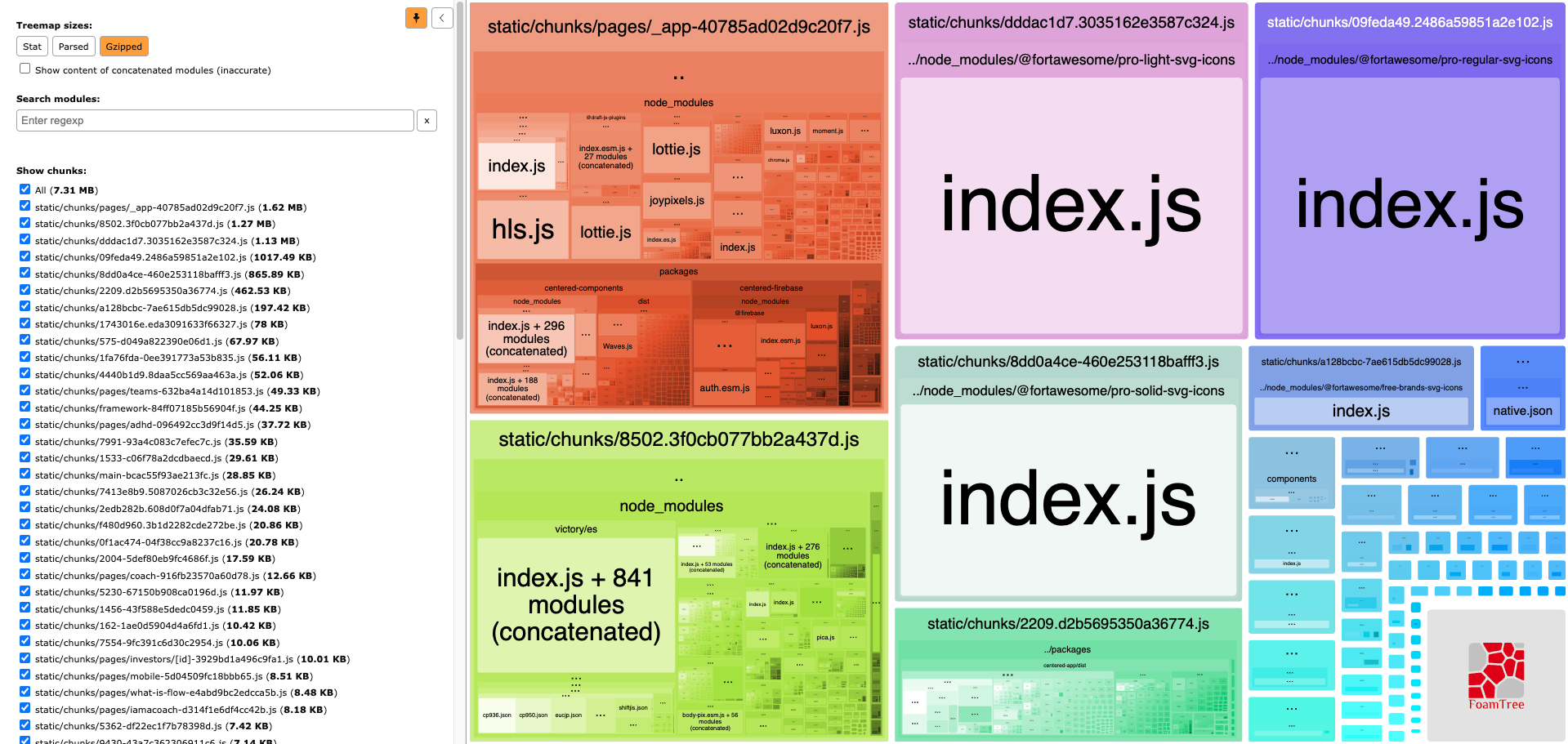 Webpack Bundle Analyzer gzipped output FoamTree visualization. Total chunk size is 7.31 MB, and the biggest chunk is pages/_app at 1.62 MB. All three node_modules/@fortawesome modules have been moved to separate chunks.